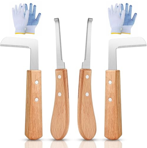 BITEFU 4 cuchillos para pezuñas, incluye 2 tipo I, 2 cuchillos tipo Ltype para garras ovejas y 2 pares de guantes antideslizantes, mango ergonómico, para ganado, ovejas, caballos