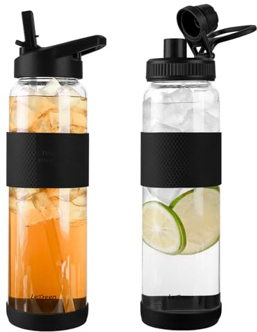 LETREEN Glasflasche 1 liter / 1l mit Strohhalm und Griff, 1 Stück | Wasserflasche Glas 1000ml mit 2 Deckeln, Silikonschutz, Spülmaschinenfeste, Trinkflasche Water Bottle für kohlensäurehaltige