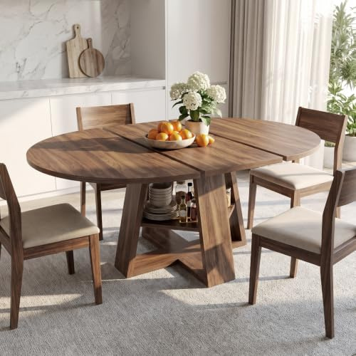 Comedor Mesa Extensible Redonda Madera con Estante, para 6-8 Personas
