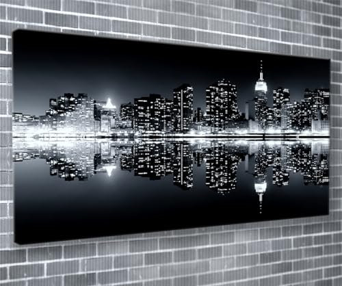 Stadtbild New York Manhattan bei Nacht Panorama Wand Kunstdruck auf Leinwand gerahmt XXL 139,7 x 61 cm über 4,5 Ft breit x 2 ft Hoch fertig zum Aufhängen