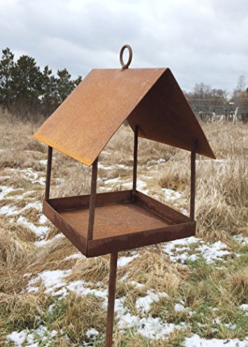 VOGELHAUS ECKIG Futterhaus Meisenknödel H25cm + Stab Gartenstecker Edelrost Metall + Original Pflegeanleitung von Steinfigurenwelt
