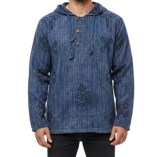 SHOPOHOLIC FASHION Män stentvättad randig hippy farfar skjorta, BLÅ, L