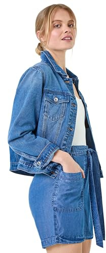 Roman Originals Jean Denim Jacket for Women UK Ladies 100% Cotton Summer Casual Stretch Crop Smart Utility Trucker Biker Fitted Vintage Wash Faded Classic Jeans Work Twill - Blue - Size 16