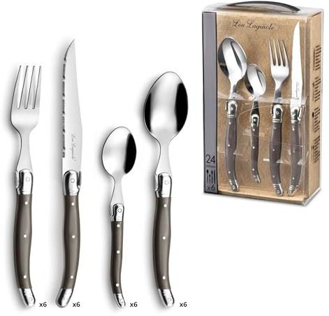 LOU LAGUIOLE - Valisette avec 24 couverts de table pour 6 personnes - Tradition - Acier inoxydable 18/0, Finition Brillante - Gris Poivre
