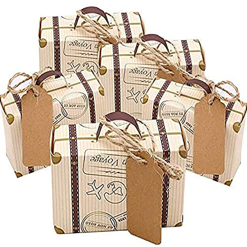 CNNIK 100 Stück Mini Koffer Gastgeschenke Hochzeitsbox - Vintage Kraftpapier Geschenkbox mit Tags und Sackleinen Schnur für Geburtstag, Babyparty, Abschlussfeier, Jahrestag und Hochzeitsdekor