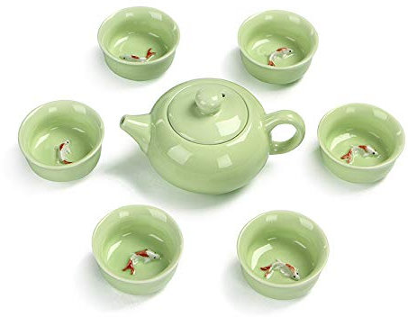 SijiHua Tea Cup Ceramic Tea Set Business Gifts (7-Piece Set) Teapot 225ml Teacup 55ml Blue Porcelain Green Fish Cup a Pot of six Cups