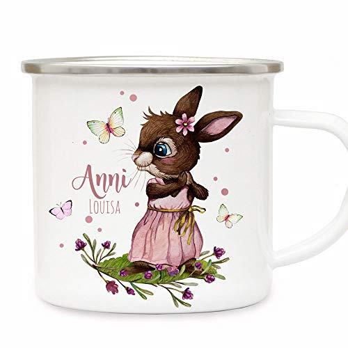 Emaille Becher Camping Tasse Motiv Hase Häschen rosa Schmetterlinge & Wunschname Name Kaffeetasse Geschenk eb492 - ausgewählte Farbe: *silberner Becherrand*