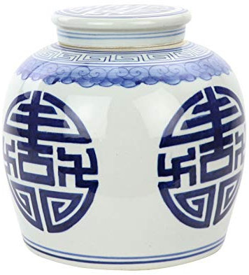 Fine Asianliving Chinesische Vase mit Deckel Porzellan Handbemalt Glück Blau D23xH23cm China Dekorative Vase Blumenvase Orientalische Keramik Vase