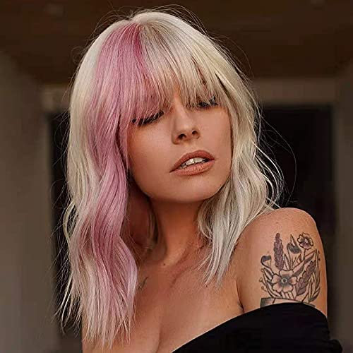FAELBATY Kurze Blonde Perücke Highlight Rosa Perücken Mit Pony Damen Blonde Mixed Pink Bob Perücke Lockige Wellenförmige Synthetische Cosplay Perücke Kostüm Perücken(12 blonde Mixed Pink)
