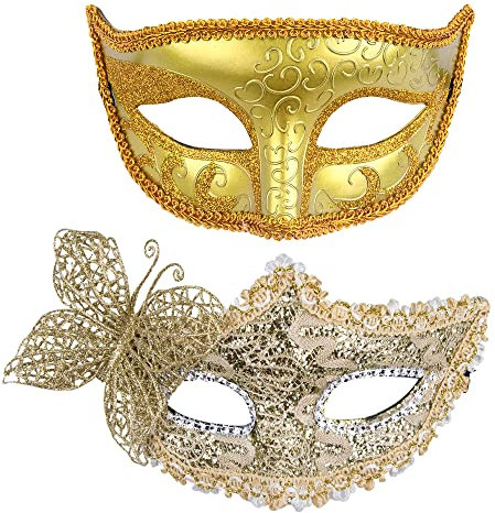 SIQUK 2 Stück Venezianische Maske Paar Augenmaske Maskerade Maske für Paare Abendkleid Tanz Ball Party Venezianische Maskerade Kostüm, Gold
