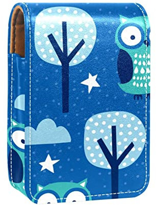 Lippenstift-Etui mit Spiegel, schöne Cartoon-Eule, Lipgloss-Halter, tragbare Lippenstift-Aufbewahrungsbox, Reise-Make-up-Tasche, Mini-Leder-Kosmetiktasche für 3 Lippenstifte, Mehrfarbig, 9.5x2x7