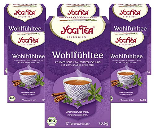Yogi Tea - Wohlfühltee, Ayurvedischer Bio Gewürz- und Kräutertee, von Natur aus koffeinfrei, Mischung aus Zimt, Salbei und Oregano, Yogi Tee 6er Pack, 6x17 Beutel (102 Teebeutel insgesamt)