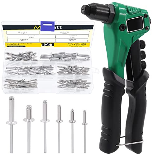 Mardatt 121Pcs Single Hand Rivet Gun, 8 Nietenzange Set mit 120 STK Popnieten, 2.4mm 3.2mm 4.0mm 4.8mm Alu Nieten, Popnietenzange Blindnieten zange Set, Handnietzange Blindnietpistole