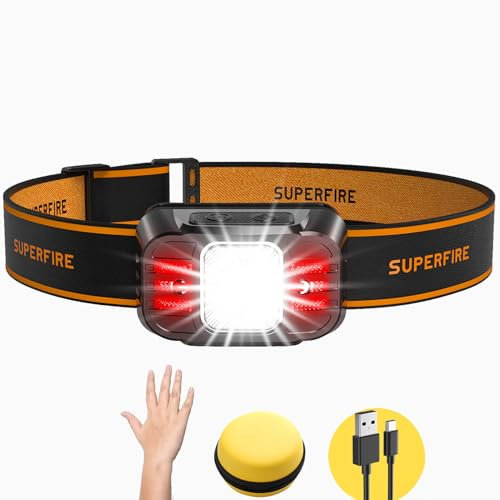 SuperFire LED Stirnlampe Kopflampe 2000 Lumen Wiederaufladbar mit Sensor, 14 Modi, Rotlicht, Wasserdicht IP44, Mit Aufbewahrungskasten, Tragekomfortabel für Erwachsene, Camping, Angeln, Joggen