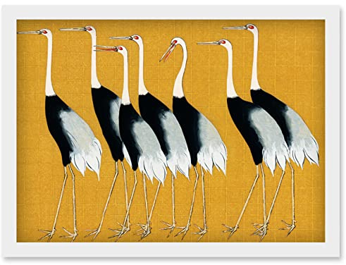 Wee Blue Coo Herons Cranes Flock Birds Ogata Korin Vintage Monochrome Illustration Mustard Yellow Artwork Framed Wall Art Print A4