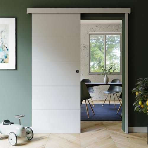 Mon Marché Déco Kit Porte Coulissante Prépeinte Ligne Avec Rail 83 cm, Système Coulissant en Applique, Rail Coulissant Breveté en Aluminium Coulicool, Gain de Place et Sécurité - Avec Serrure