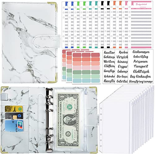 A6 Binder Budget Planner Deutsch: Geld Organizer Budget Planer mit 12 Binder Taschen, 12 Budgetblätter Deutsch, Etikettenaufklebern Sparbuch für Reisen,Tagebuch und Geschenk (Marmor Weiß)