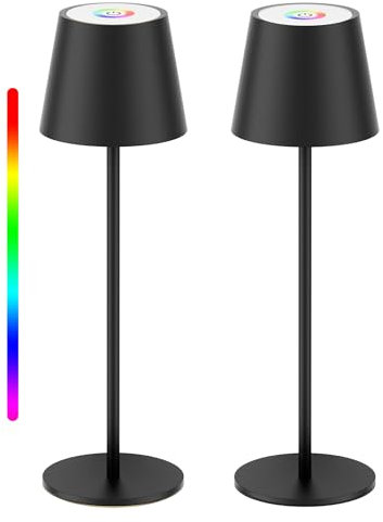 Aipsun Tischlampe Kabellos schwarz, LED Akku Tischlampe, Touch Dimmbar Tischleuchte Kabello, 3000K Warmweiß & RGB Farben Outdoor Tischlampe für Restaurant, Schlafzimmer,Bar,IP54 wasserdich(2 Stück)