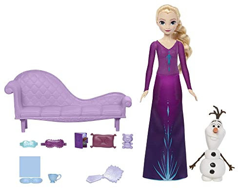 Disney FROZEN Schneeträume - Elsa und Olaf im 8-teiligen Schlafenszeit Set mit Frisierbürste, Loungesessel, Kissen, Teddybär, Buch und Schlafmasken, für Kinder ab 3 Jahren, HLX27