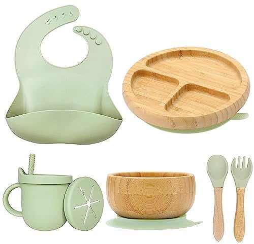MORIASTER Juego de destete de bambú y silicona plato llano de bambú, cuenco de bambú más taza y cuchara de silicona (verde)