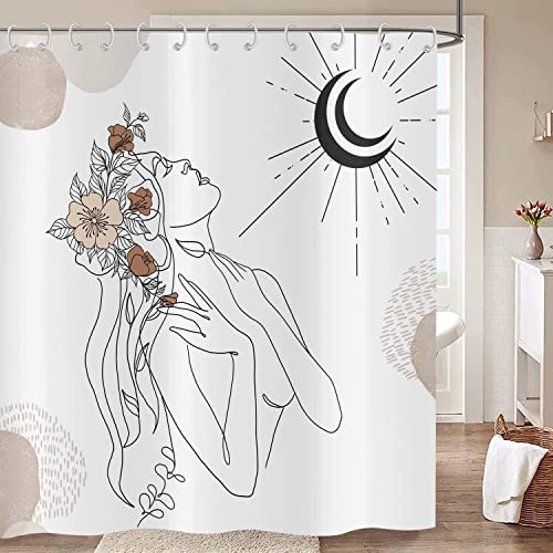 Rideau de douche femme abstraite 180x200, Hnmdmyi boho mid century moderne minimaliste art esthétique fille de fleur rideau de baignoire imperméable tissu polyester lavable rideau de bain avec crochet