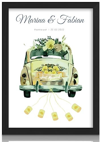 MilaBoo® personalisiertes Geldgeschenk Hochzeit - Oldtimer Just Married - rosa oder grün mit Rahmen - Hahnemühlen Papier Made in Germany A3 A4 A5 - Poster im braunen Umschlag