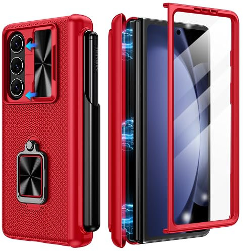 Doeshine for Samsung Galaxy Z Fold 5 Case with 360° Ring Kickstand, Red