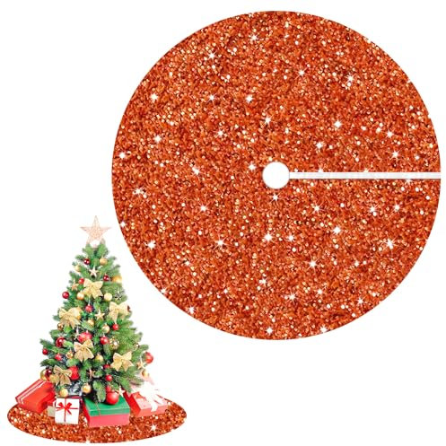 ROMANKAS Orange Christmas Tree Skirt 46 Inches Sequin Velvet Tree Skirts Sparkle Halloween Tree Skirts Glitter Tree Skirt Mat Fall Tree Skirt for Thanksgiving Christmas Burnt Orange Decorations