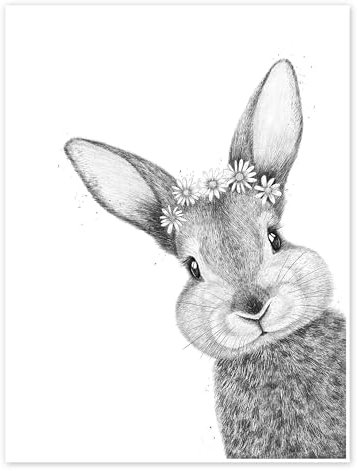 Kaninchen mit Kamille Poster von Valeriya Korenkova 30 x 40 cm Schwarz-Weiß Wandbilder Wanddeko