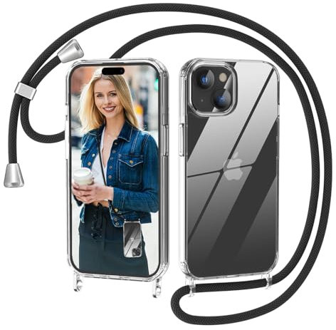 Nupcknn Transparente Funda con Cuerda para iPhone 15 Plus, Anti-Choque Anti-arañazos Carcasa Silicona Case con Correa Colgante Colgante movil Ajustable Collar Case 1.6M(6.7,Negro)