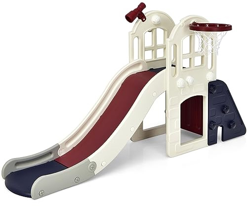 Maxmass 6-in-1 Kids First Slide, Freestanding Children Climber Slide Playset with Basketball Hoop, Ball, Tunnel, Ring Toss and Telescope, Toddler Slide Set for Indoors Outdoors (Blue)
