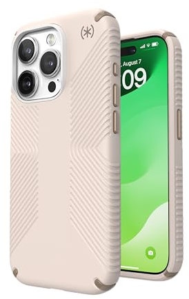 Speck iPhone 15 Pro Hülle - Fallschutz, Griff - Kratzfest, Soft Touch, 6,1 Zoll Handyhülle - Presidio2 Grip Bleached Bone/Heirloom Gold/Hazel Brown