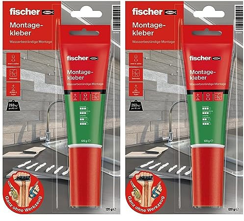 fischer MONTAGE KLEBER, Klebstoff in Weiß, Flüssigkleber, super starker Halt, vielseitig einsetzbar, für innen und außen, klebt Stein, Beton, Emaille, Keramik, uvm., 80 ml (Packung mit 2)