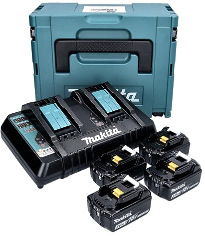 Makita Power Source Kit 18 V mit 4x BL 1830 B Akku 3,0 Ah ( 4x 197599-5) + DC 18 RD Doppelladegerät (196933-6) + Makpac