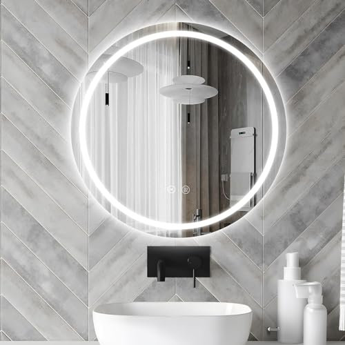 sunrik LED Badspiegel Rund 70cm,Badezimmerspiegel mit Beleuchtung mit 3 Lichtfarbe dimmbar,Badezimmerspiegel mit Speicherfunktion und Touchschalter,IP44 Energiesparend