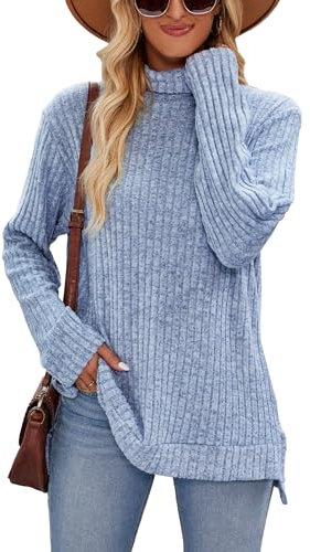 Famulily Women's Longline Jumper Sweater High Neck Long Sleeve Side Split Ribbed Winter Clothes Tops (XXL, Blue)