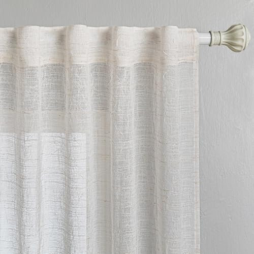 MYSKY HOME Gardinen Vorhänge Kurz Wohnzimmer Gardine Boho Vorhang Rückseitenlasche 2er Set Gardine Leinenoptik Halbtransparent Falten Curtains for kinderzimmer, H 160 x B 140 cm, Beige