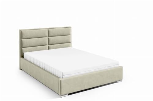 LIKMA Polsterbett Creme 140x200 cm mit Stauraum Verchromte Füße Doppelbett mit Kopfteil 11 cm Gepolsterter Stoffett mit Gaslift Stoffbett Bettgestell Ohne Matratze Stoff: Riviera 21