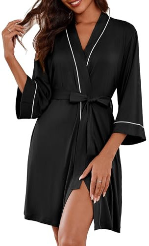 Ekouaer Vestaglia Donna da Camera Accappatoio Super Morbido&Leggero Sottile Maglia Kimono Corta Maniche a 3/4 Con Tasche, Nero, M