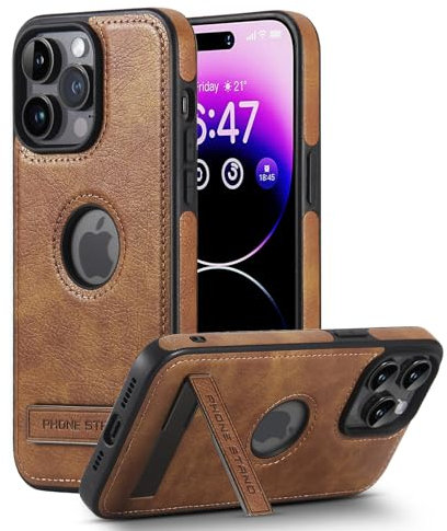 AIOVETEAB für iPhone 14 Pro Max Hülle, Metall Ständer Case,PU Leder Schutzhülle Anti-Rutsch Stoßfest Vollständige Handyhülle Case Cover für iPhone 14 Pro Max, Braun