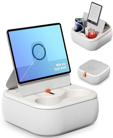 viozon Tablet Ständer, Kindle Kissen Halterung, kompatibel mit 4-13 Handy/Tablet, Magnetischer Tablethalter, Handyhalter, für Bett, mit integriertem Becherhalter, höhenverstellbar, klappbar, Hellgrau