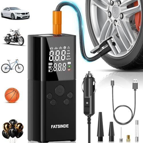 Tire Inflator Portable Air Compressor, 150PSI Portable Air Pump for Car, Electric Tire Inflation Cordless with Digital Pressure Gauge LED Light for Bike, Motorcycle, Ball