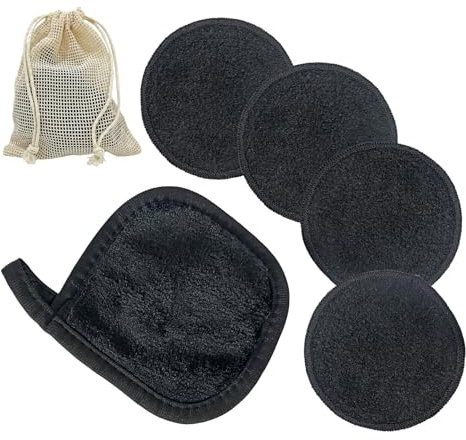 LAC FOR YOU Abschminkpads Waschbar 4 Stück aus Bambus, 1 Microfaser Abschminktücher Waschbar mit Wäschesack - Wattepads Wiederverwendbar für Gesichtsreinigung - Schwarz