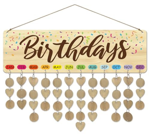 arricraft 1 Set Hölzerne Familie Geburtstag Reminder Kalender Board Geburtstagsgeschenktafel Mit Anhängern DIY Geburtstags Tracker Hängeplakette 12x40cm /4.7x15.7 Zoll Für Heimdekoration