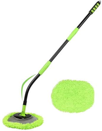 Curved Car Wash Brush Mop 47 Long Handled Sturdy Metal Pole 3 Grip Points Washing Wand Auto Cleaning Tool Kit Scratch-Free Chenille Microfiber Soft Duster for Cars RV SUV Truck Caravan Van Window
