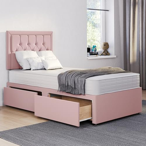 ComfoRest - Luxurious 3FT Single Divan Bed with Mattress & 2 Drawers | Elegant Frame with 24 Sarah Headboard for Stylish Bedrooms (Pink Plush)