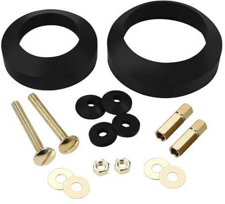 Universal Toilet Tank to Bowl Bolt & Gasket Replacement Kit Tank Repair Kit Includes 2 & 3 Rubber Seal Gaskets, Extra-Long Brass Plated Bolts, Washers, Nuts, Fits Most 2-Piece Toilets