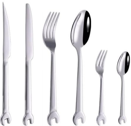 GLJTUO Juego De Cubiertos De 6 Piezas, Cuchillo, Tenedor, Cuchara, Tenedores De Cena Creativos con Forma De Llave Inglesa, Juego De Cubiertos De Acero Inoxidable, Cucharas De Mesa,