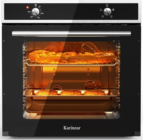 Karinear Einbaubackofen 65L mit Drehknopfsteuerung, Backofen einbaugerät 60 x 60 cm mit 4 Programme, 50-250 °C mit Gehärtete Glasplatte, 2200W, mit Stecker