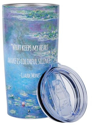 1st Heaven Kaffeebecher, Isolierter Kaffeebecher mit Deckel, Motivationaler Reisesbecher, Claude Monet 600ml Becher, Künstler-Zitat, Edelstahlbecher für den Einsatz im Freien (Seerosen)